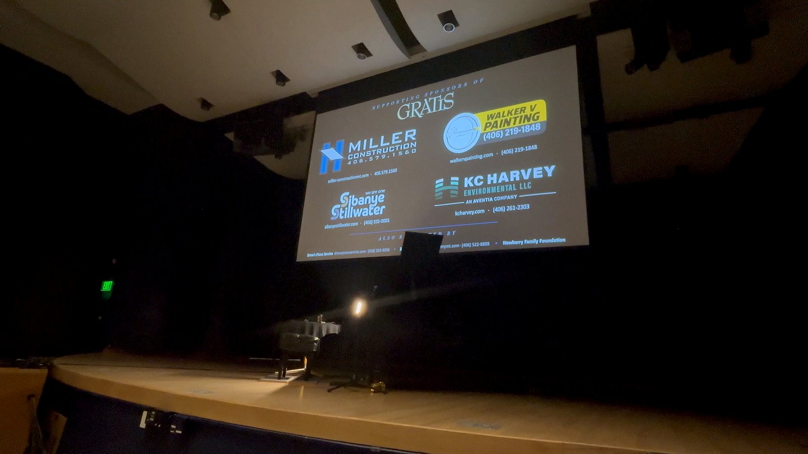 Supporting sponsors of GRATIS shown on screen, including Miller Construction, Walker V Painting, Sibanye Stillwater, and KC Harvey Environmental